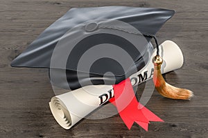 Square academic cap, graduation cap and diploma scroll, 3D rendering