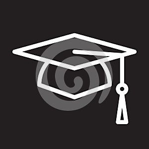 Square academic cap, graduation hat line icon, white outline sign, vector illustration.