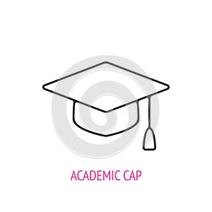 Square academic cap. Outline icon. Vector illustration. Scientist hat. Symbols of scientific research and education.