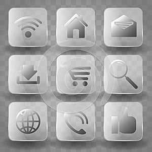 Square application transparent glass buttons or app icon banners with gloss reflection effect. Icons for Business and