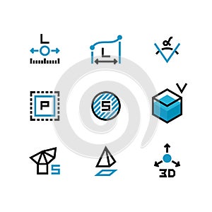 Square area, size, surface areas, 3d dimension, angle and perimeter measuring vector icons isolate