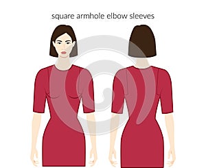 Square armhole clothes character beautiful lady in red top, shirt, dress technical fashion illustration, elbow length