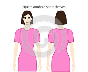 Square armhole sleeves short length clothes character beautiful lady in pink top, shirt technical fashion illustration