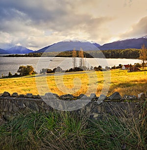 Square Art Photo Lake with Small Houses and Boat on the Distance