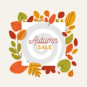 Square autumn banner template decorated by fallen tree leaves. Elegant frame made of dry foliage. Decorative natural