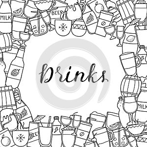 Square background with doodle drinks.