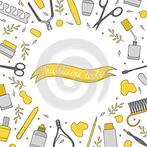 Square background with manicure equipment. Hand-drawn banner with various nail art tools - scissors, nail polish, brush, cuticle