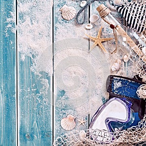 Square background of sand, and message in a bottle