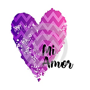 Square banner with a colored heart and the inscription Mi Amor. Template greeting card, brochure or wallpaper.