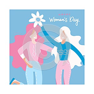 Square banner with congratulations to the International Women`s Day with a two women holding a big flower, girls hugging