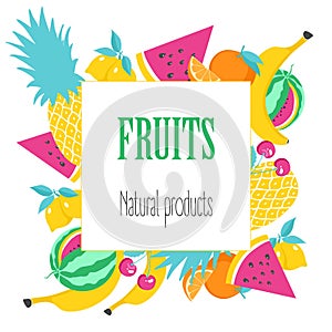 Square banner with fruit. Natural product, poster with fruit on white background.