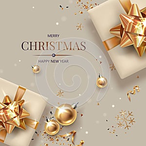 Square banner with gold Christmas symbols and text.