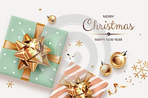 Square banner with gold Christmas symbols and text.