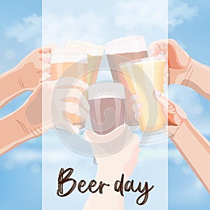 Square banner with hands holding beer mugs, pilsner glasses and weizen. on blue sky and sea background. International