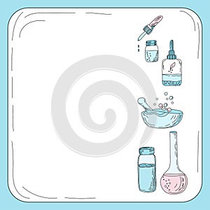 Square banner of homeopathy and alternative medicine with copy space. Vector illustration with vegetable bottles and flasks.