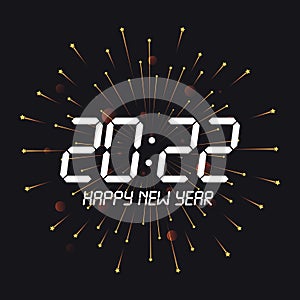 Square banner with the numbers of the electronic clock 2022 on the background of a fireworks or sparkler