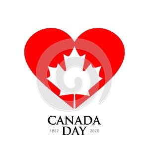Square banner, postcard Canada Day. Red heart and white maple leaf, a symbol of Canada