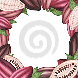 Square banner with Ripe Cocoa pod with beans and leaves isolated on white background. Watercolor hand drawn llustration