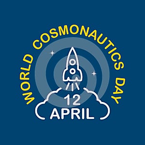 Square banner with a rocket taking off. Card World Cosmonautics Day, 12 April.