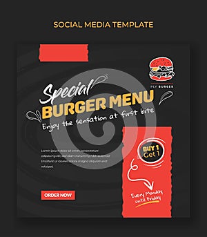 Square banner template in black and red background design with burger icon