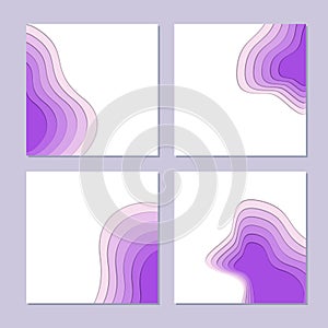 Square banners with 3D abstract purple shapes in papercut style. Concept design of gradient topographic.