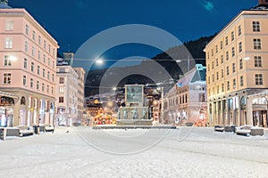 Square in Bergen with a monument for Sailors or Sjamannsmonumentet, in central Bergen on a early morning, with typical houses for