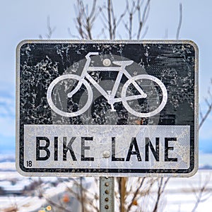 Square Bike Lane sign post in front of a tree and snow covered landscape in winter