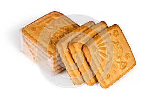 Square biscuits on white background.