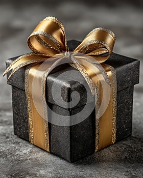 Premium black square gift box with metallic gold ribbon, classy present on stone surface with glow