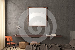 Square blank poster frame mock up on the concrete wall in interior of industrial bedroom