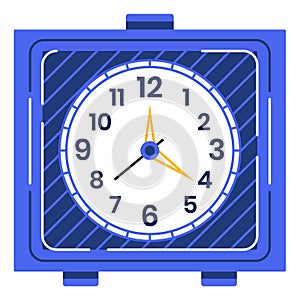 Square blue alarm clock at nine o clock. Simplistic clock showing time with yellow second hand vector illustration