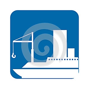 square blue button with silhouette cargo ship