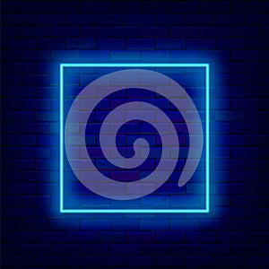 Square blue neon frame on brick wall. Minimal border. Space for text. Shiny sign. Editable stroke. Vector illustration