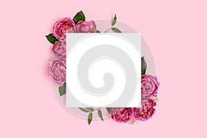 Square border frame made of rose flower on a pink pastel background.