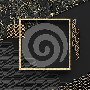 A square border frame on marble stone with a dark background and textured gold elements. Copy space. Abstract geometric compositio