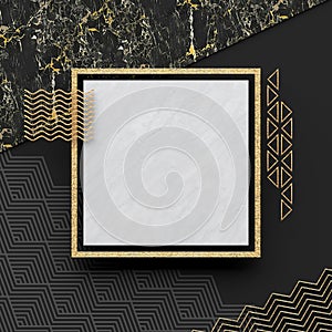 A square border frame on white marble stone with a dark background and textured gold elements. Copy space. Abstract geometric comp