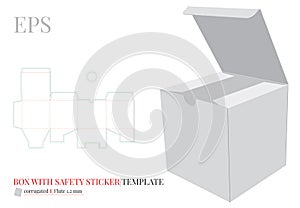 Square Box with Safety Sticker Template. Vector with die cut / laser cut layers. White, clear, blank, isolated Cube mock up