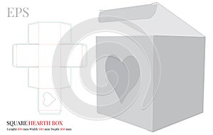 Square Box Template, Vector with die cut / laser cut layers. Box with heart illustration. White, clear, blank, isolated Cube Box