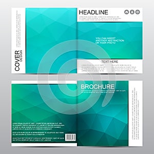 Square brochure template. Green triangle backdrop. Abstract vector background.