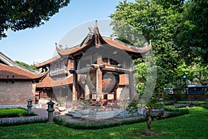 Square building hold a big sacred drum at The Temple of Literature Van Mieu, the first national university in Hanoi