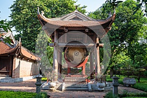 Square building hold a big sacred drum at The Temple of Literature Van Mieu, the first national university in Hanoi