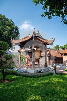 Square building hold a big sacred drum at The Temple of Literature Van Mieu, the first national university in Hanoi