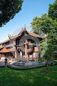 Square building hold a big sacred drum at The Temple of Literature Van Mieu, the first national university in Hanoi