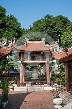 Square building holding a big bell on side of Imperial Academy in Temple of Literature Van Mieu, the first national university