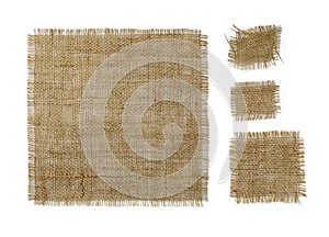Square burlap pieces of different sizes isolated on white background. Natural color sackcloth patch with torn edges. Rough fabric