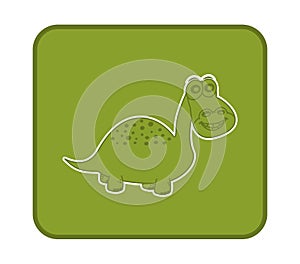 Square button with young herbivorous dinosaur and spots on green background