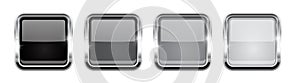 Square buttons. Gray glass 3d icons with metal frame