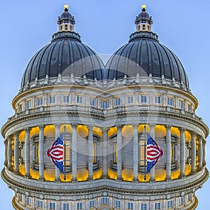 Square Capital building dome with colums and flags