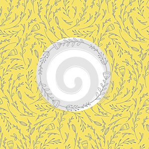 Square card with bright summer pattern with doodle flowers on yellow background and white circle copy space. Vector template