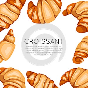 Square card with cartoon croissants and place for text. Banner with French baked treats. Bagel for breakfast. Vector template